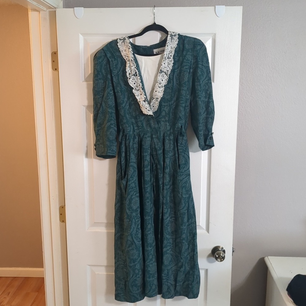 Vintage SL Fashions Dress Green Floral Size 14 Women's Cottagecore Grandmacore